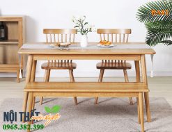 Bộ bàn ghế ăn song tiện kết hợp ghế băng BA02 đẹp mộc mạc, gọn gàng