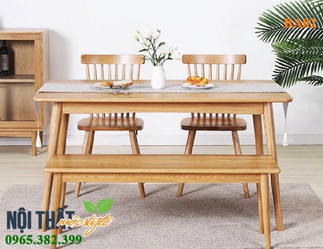 Bộ bàn ghế ăn song tiện kết hợp ghế băng BA02 đẹp mộc mạc, gọn gàng Bộ bàn ghế ăn song tiện kết hợp ghế băng BA02 đẹp mộc mạc, gọn gàng