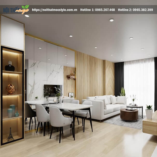 Không gian hiện đại với bộ bàn ăn liền thông với ghế sofa
