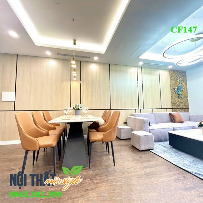 bộ bàn ghế ăn sheraton 6 ghế Bộ bàn ghế nhập khẩu sheraton CF147 mặt đá ceramic trắng chống thấm ố, chân M sắt sơn tĩnh điện có đế nhựa tăng chỉnh chống xước sàn