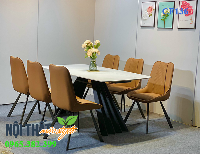 Bộ bàn ăn 6 ghế Vila CF136 mặt đá ceramic trắng 1m6 Bộ bàn ăn 6 ghế Vila CF136 mặt đá ceramic trắng 1m6