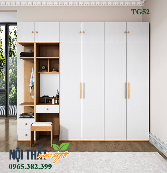 Tủ quần áo hiện đại TG52 Tủ quần áo TG52 - Hệ tủ quần áo thông minh, hiện đại kết hợp với bàn trang điểm thanh lịch, tiện dụng.